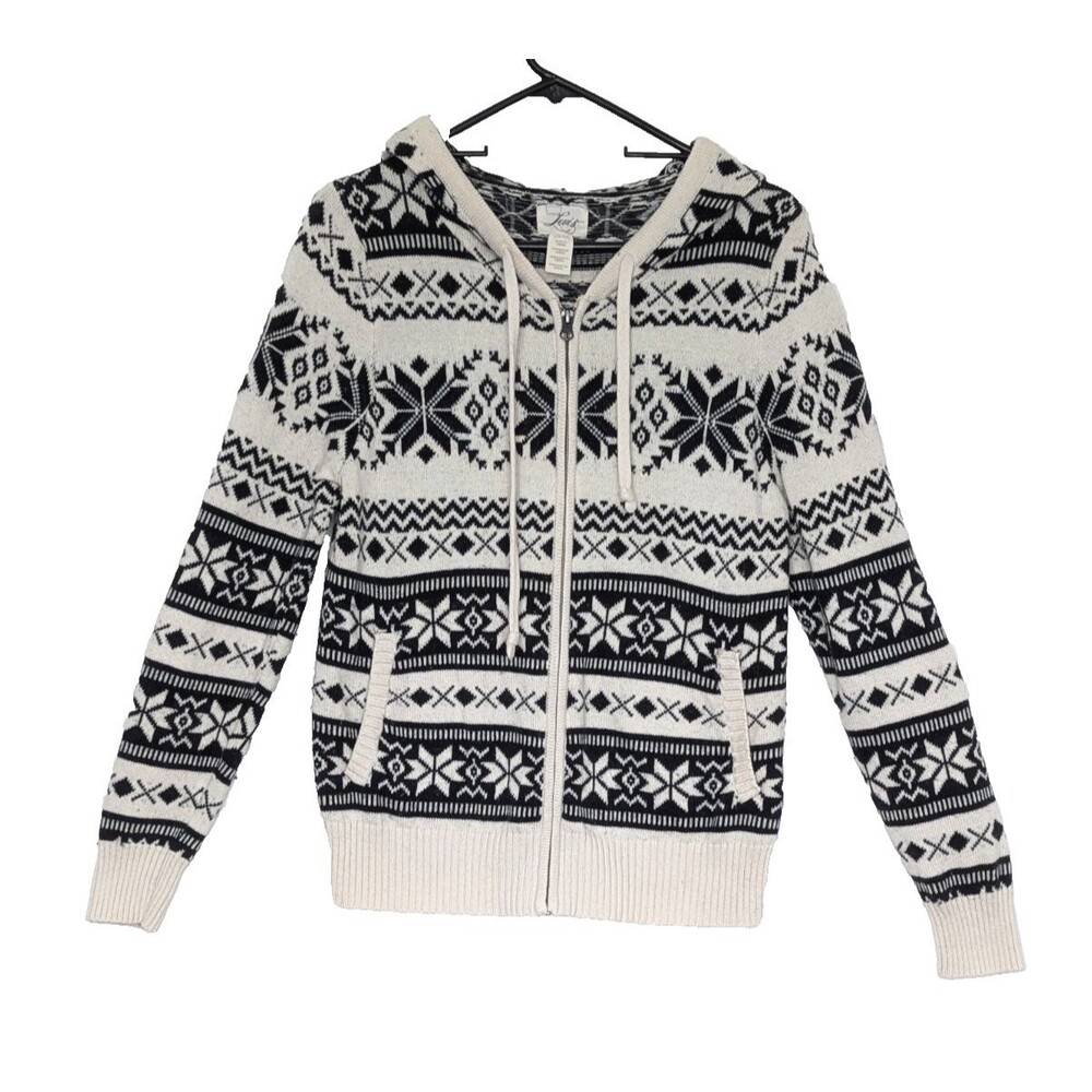 Levis Womens Large Snowflake Black and White Zip Up Drawstring Hooded Sweater